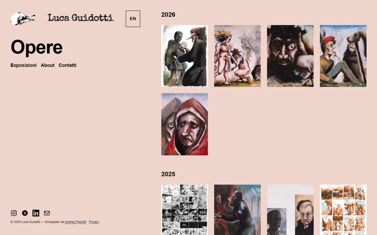 La galleria opere del sito di Luca Guidotti: dipinti disposti in griglia, raggruppati per anno.